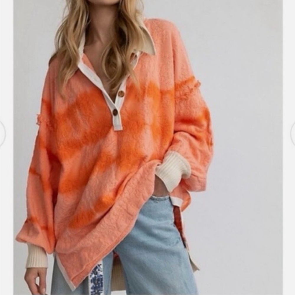 Free People Oversized Polo - Orange Tie-Dye Top